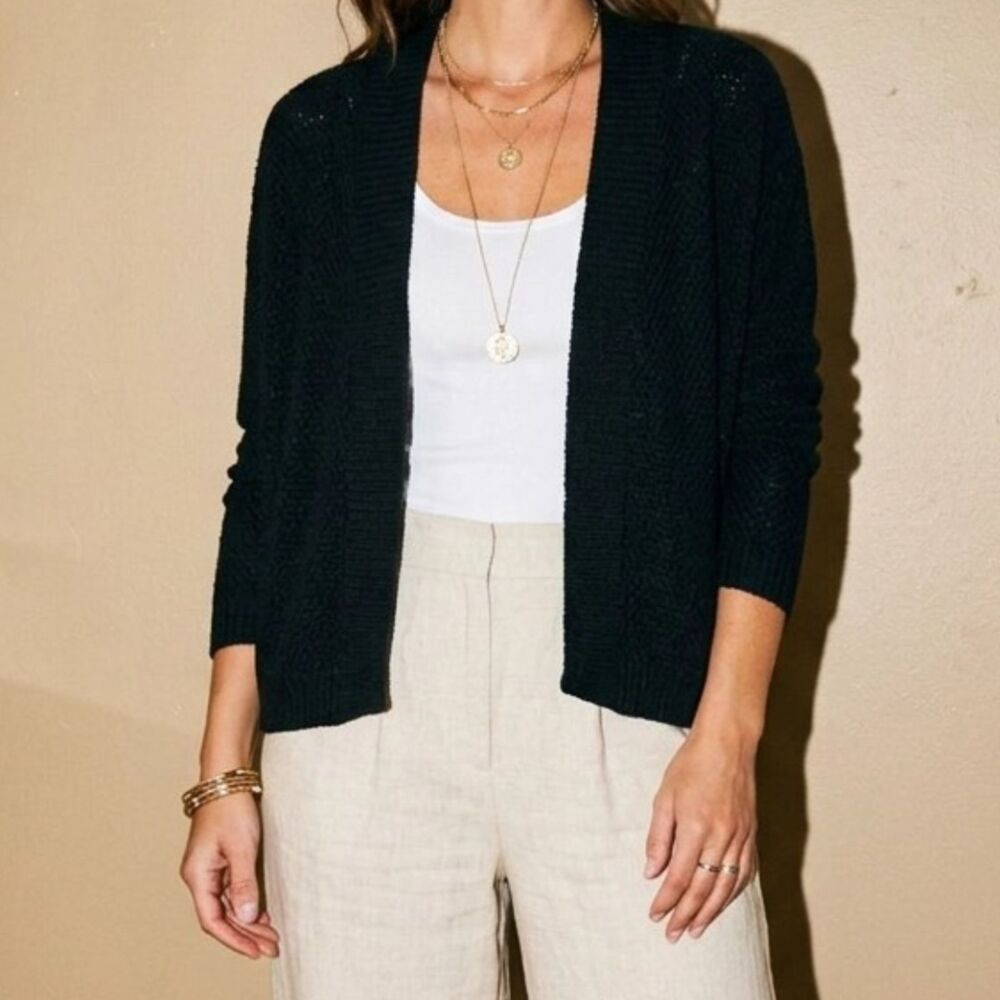 Eileen Fisher 100% Wool Black Open-Front Cardigan